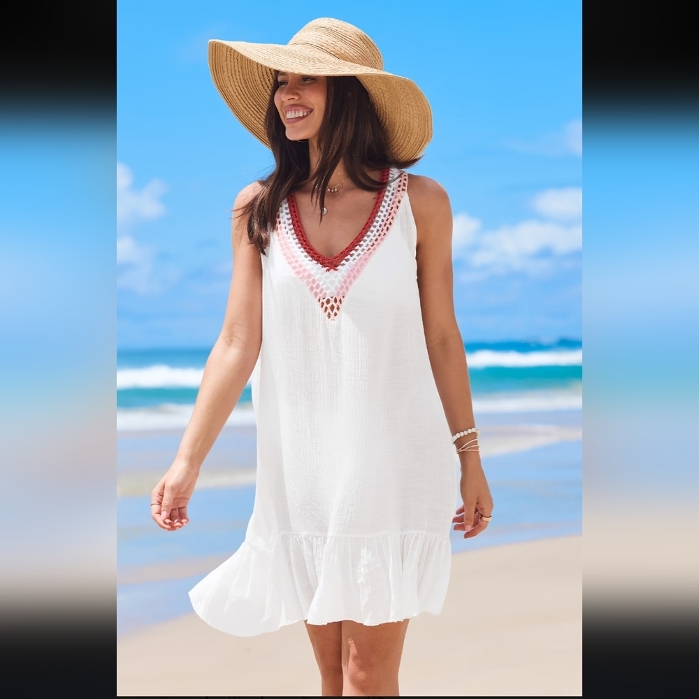 Cupshe White and Pink Ruffle Hem Swim‎ Coverup